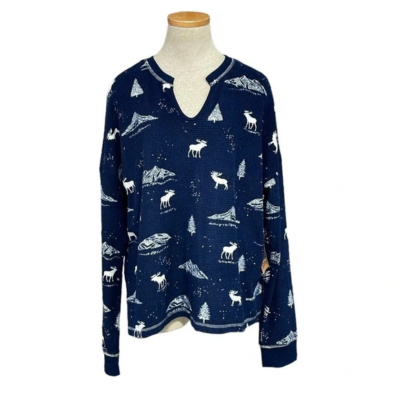 PJ Salvage Pajama Top Women's Large Navy Blue NWT Moose Long Sleeve Waffle Knit - Picture 1 of 13